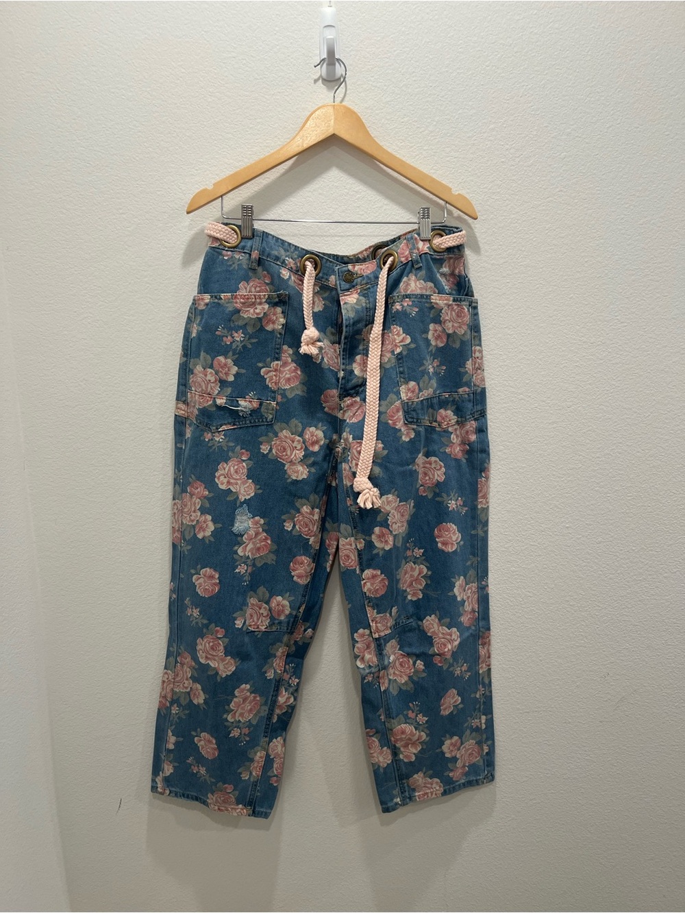 Floral Print Women's Jeans with Pink Rope Tie by BiBI Size L